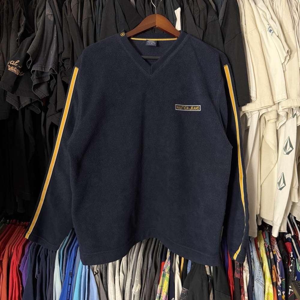Nautica Fleece Sweater Mens Large Navy Blue V Neck Striped Vintage Y2K Skater